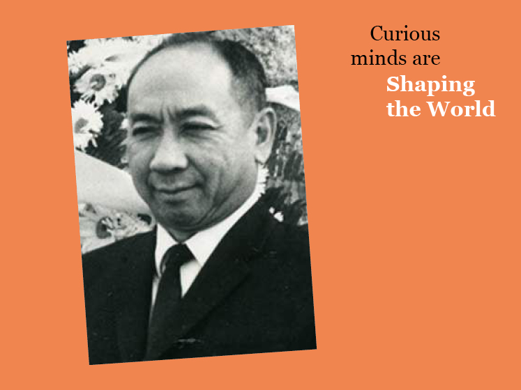 Orange graphic with an image of Goh Keng Swee and the text "Curious minds are shaping the world"