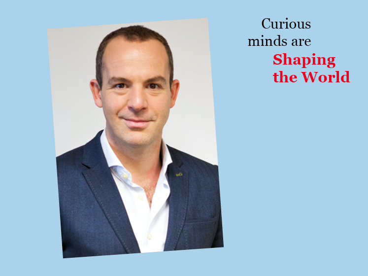 Blue graphic with an image of Martin Lewis and the text "Curious minds are shaping the world"