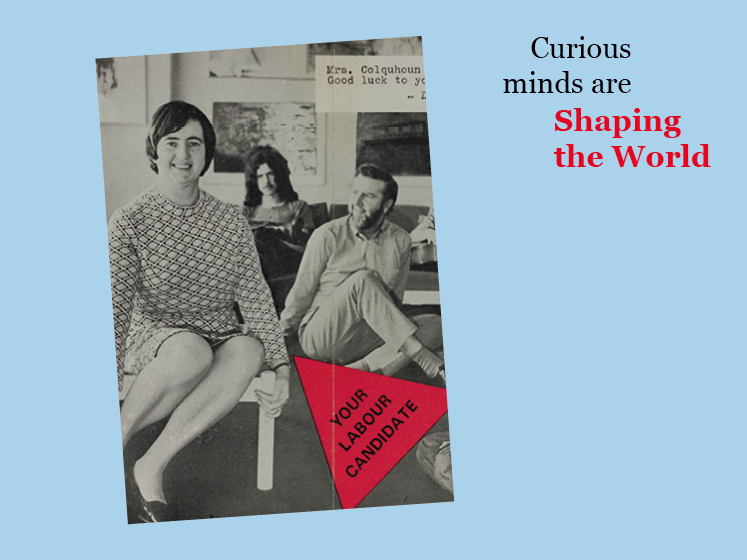Blue graphic with an image of Maureen Colquhoun and the text "Curious minds are shaping the world"