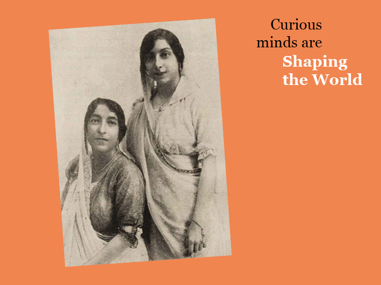 Orange graphic with an image of Mithan Tata and the text "Curious minds are shaping the world"