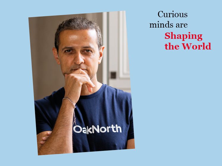 Blue graphic featuring an image of Rishi Khosla with the text "Curious minds are shaping the world"