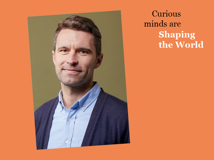 Orange graphic featuring an image of Tim Brown with the text "Curious minds are shaping the world"