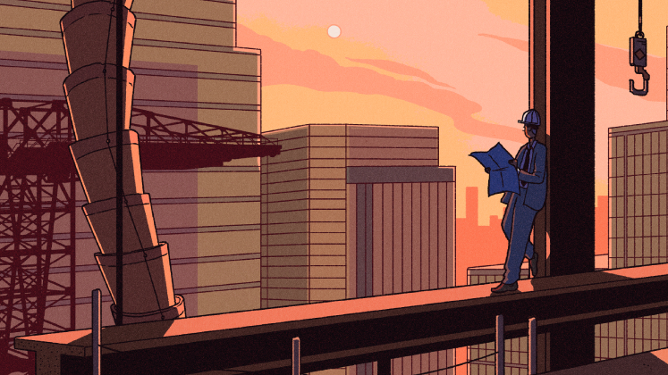 Illustration of a man standing on a steel beam high in the sky overlooking a city