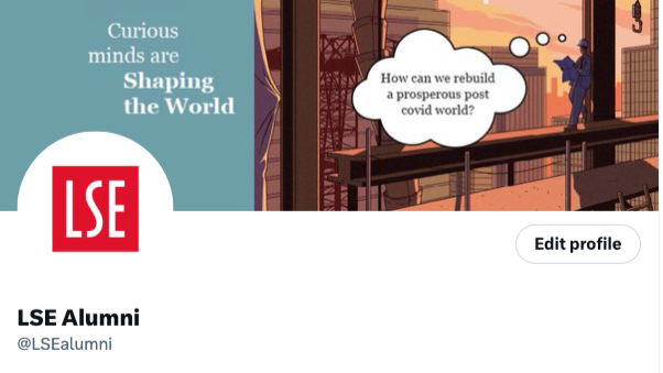 X profile header for LSE Alumni account including text 'Curious minds are Shaping the World'