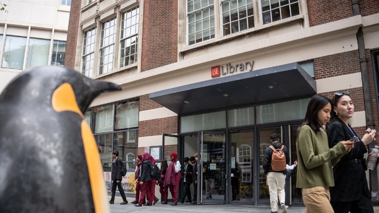 LSE Library entrance taken from behind the penguin statue outside