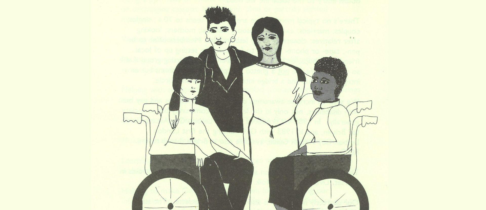 Part of a cover of GEMMA magazine. It shows drawings of 4 people, two of which are in wheelchairs