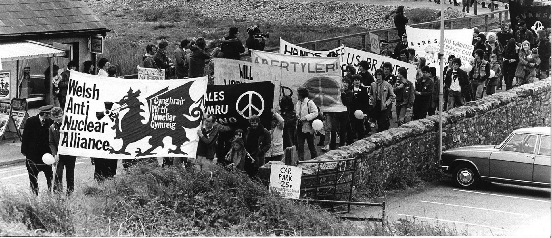 A anti nuclear march in Wales. Lots of people with banners.