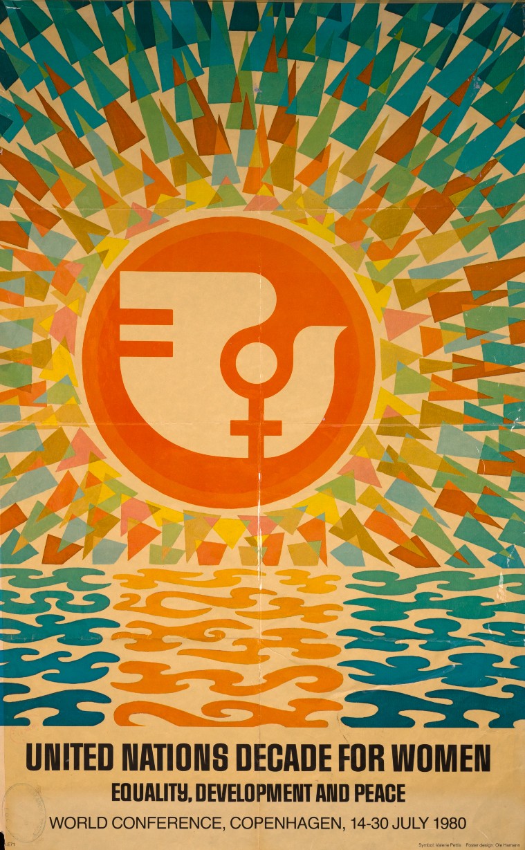 A poster promoting the UN Decade for Women. It includes colourful shapes and a white dove featuring the female symbol.