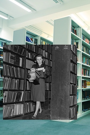 A person in the shelves at LSE Library