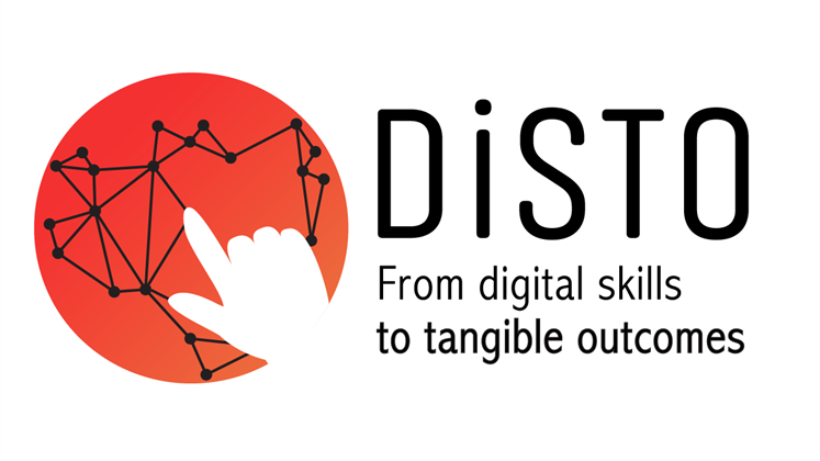 Text saying "DiSTO: From Digital Skills to Tangible Outcomes" next to a red circle with connecting black lines and dots, with a white cut-out hand touching it.