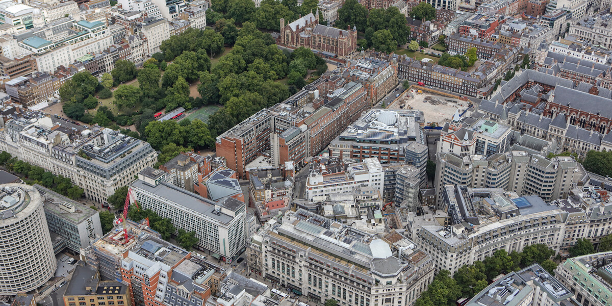 Aerial shot of LSE campus, London