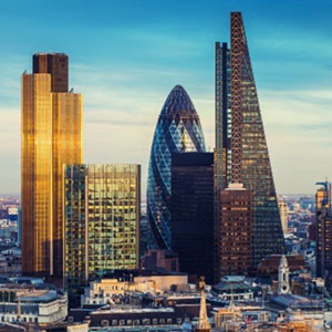 View of Central London, with the Gherkin in the centre surrounded by other buildings